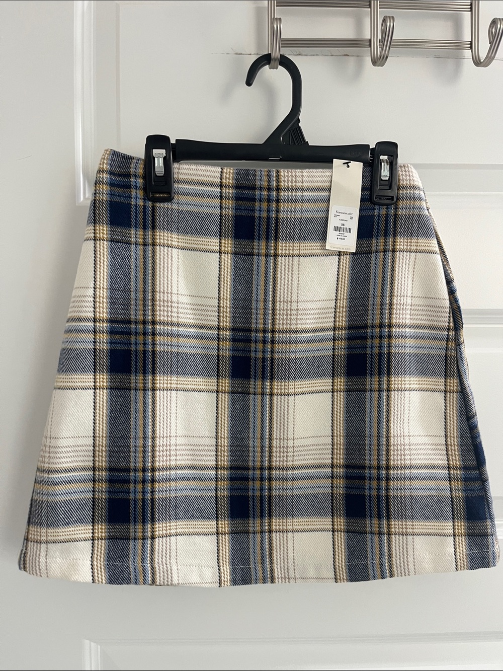 Francesca's Collections Cream, Navy & Tan Plaid A-Line Mini Skirt